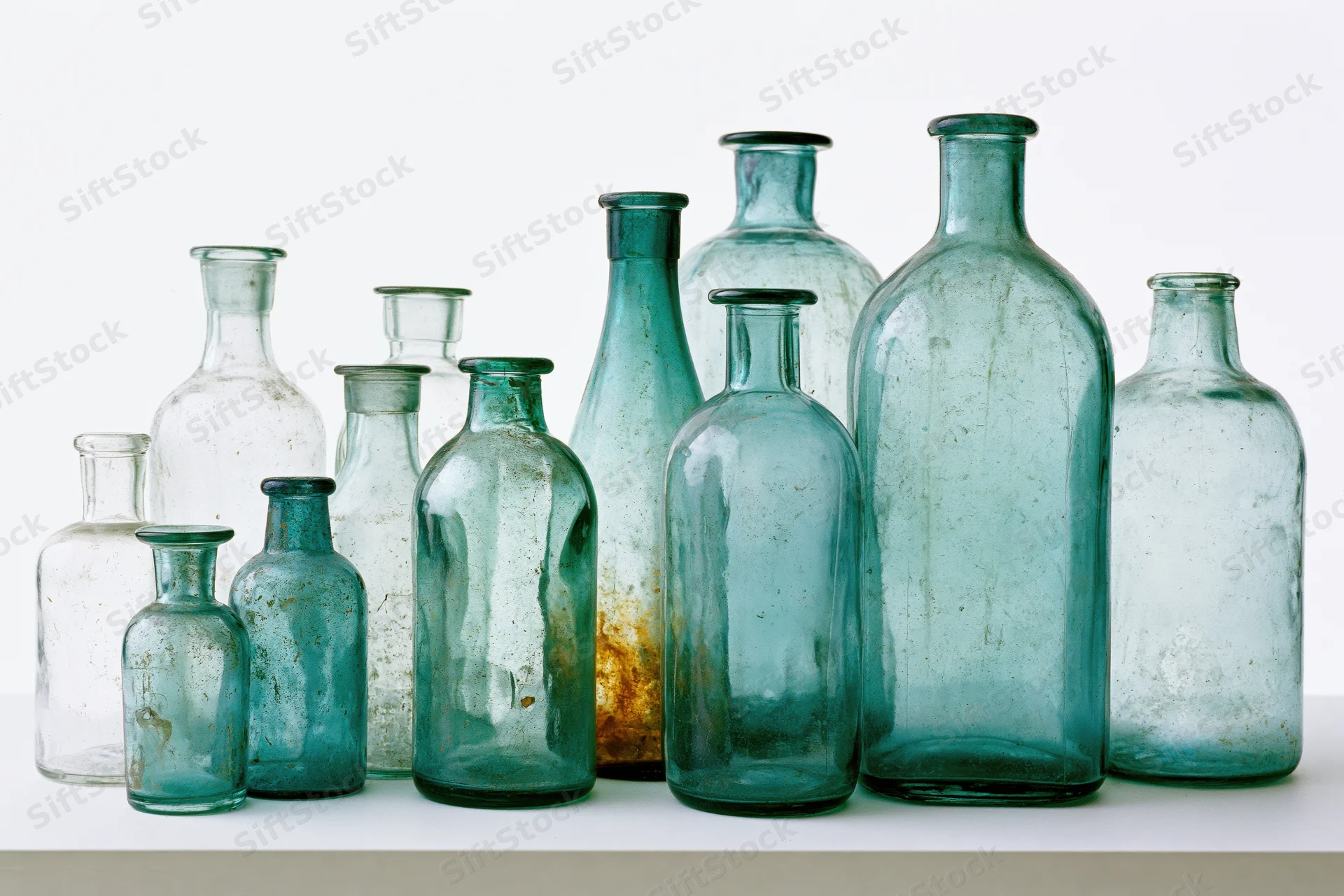 Antique glass bottles arranged in a row on a white surface in studio lighting