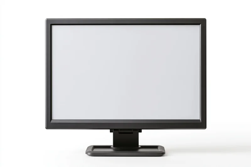 Dark charcoal desktop computer monitor with blank white screen on white background