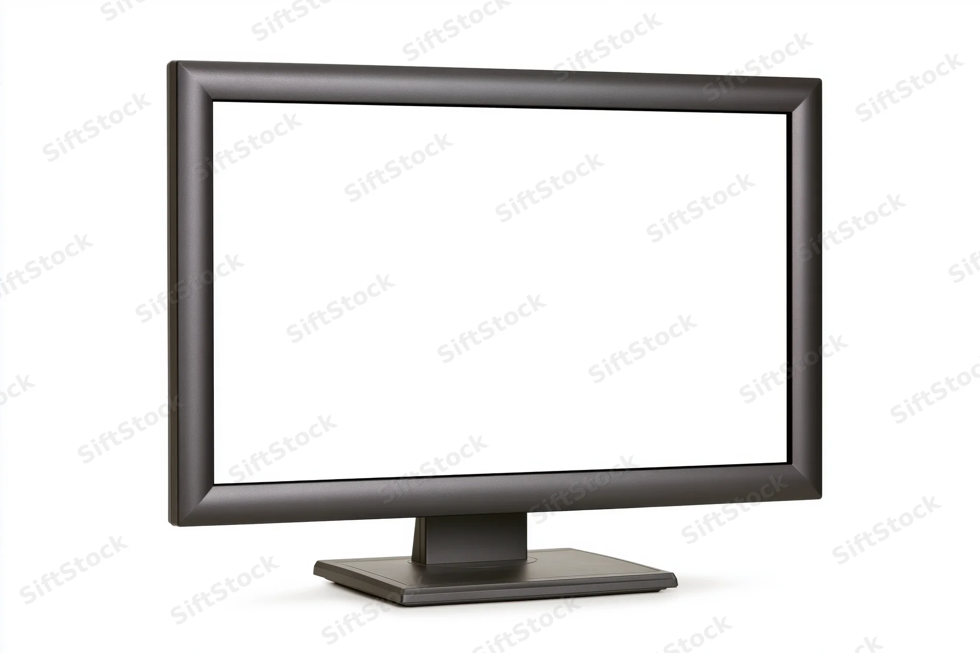 Dark charcoal computer monitor with blank white screen on white background