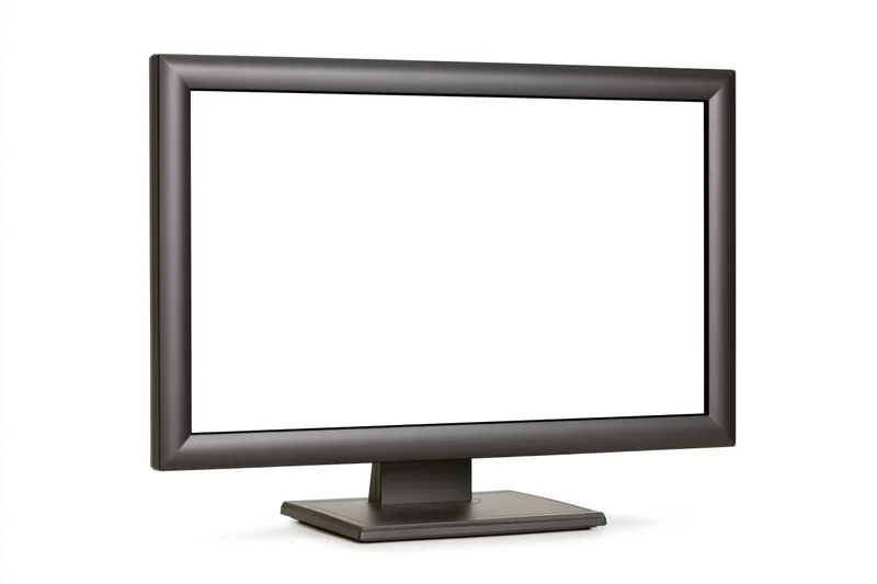Dark charcoal computer monitor with blank white screen on white background