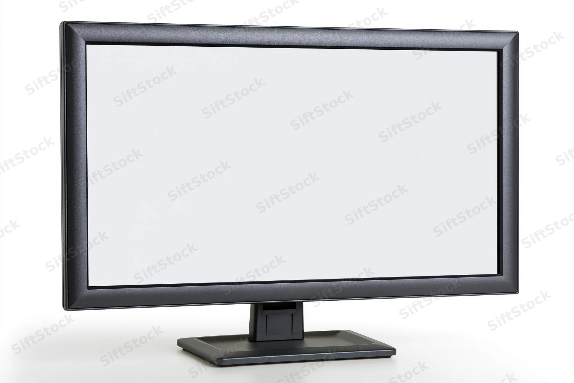 Dark charcoal computer monitor with blank white screen on white background