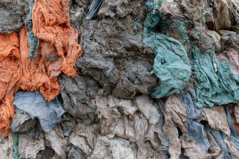 Compressed wall of shredded textile waste in an industrial recycling facility