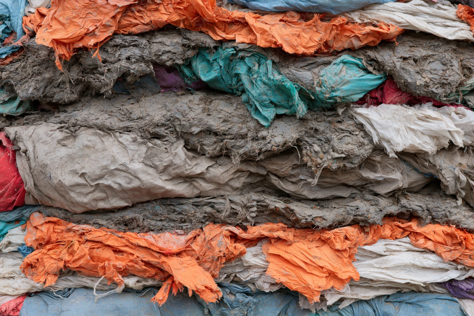 Compressed bales of discarded textiles stacked in layers at a recycling facility