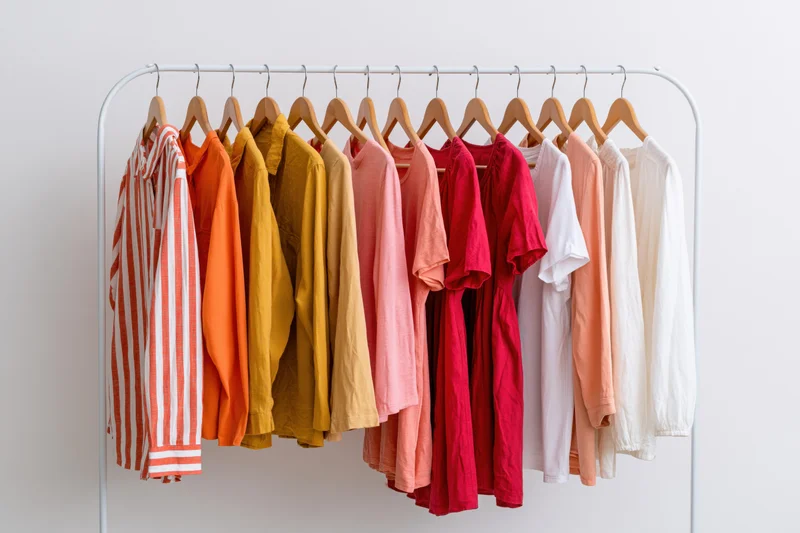 Colorful casual shirts and dresses hanging on a white metal rack against a plain wall