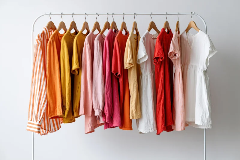 Colorful women's clothing hanging on a white metal rack in a bright studio space