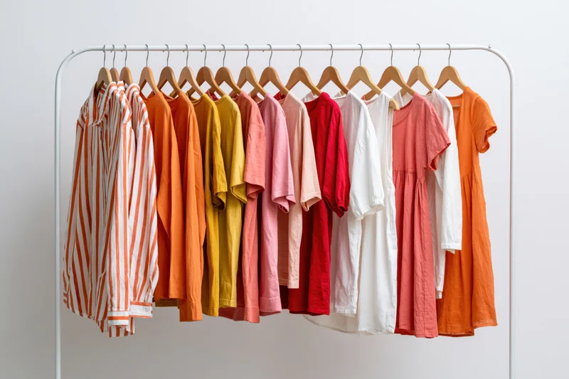 Colorful casual clothes hanging on a white metal rack against a plain wall