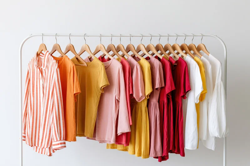 Colorful casual clothing displayed on a white metal rack with wooden hangers against a plain wall
