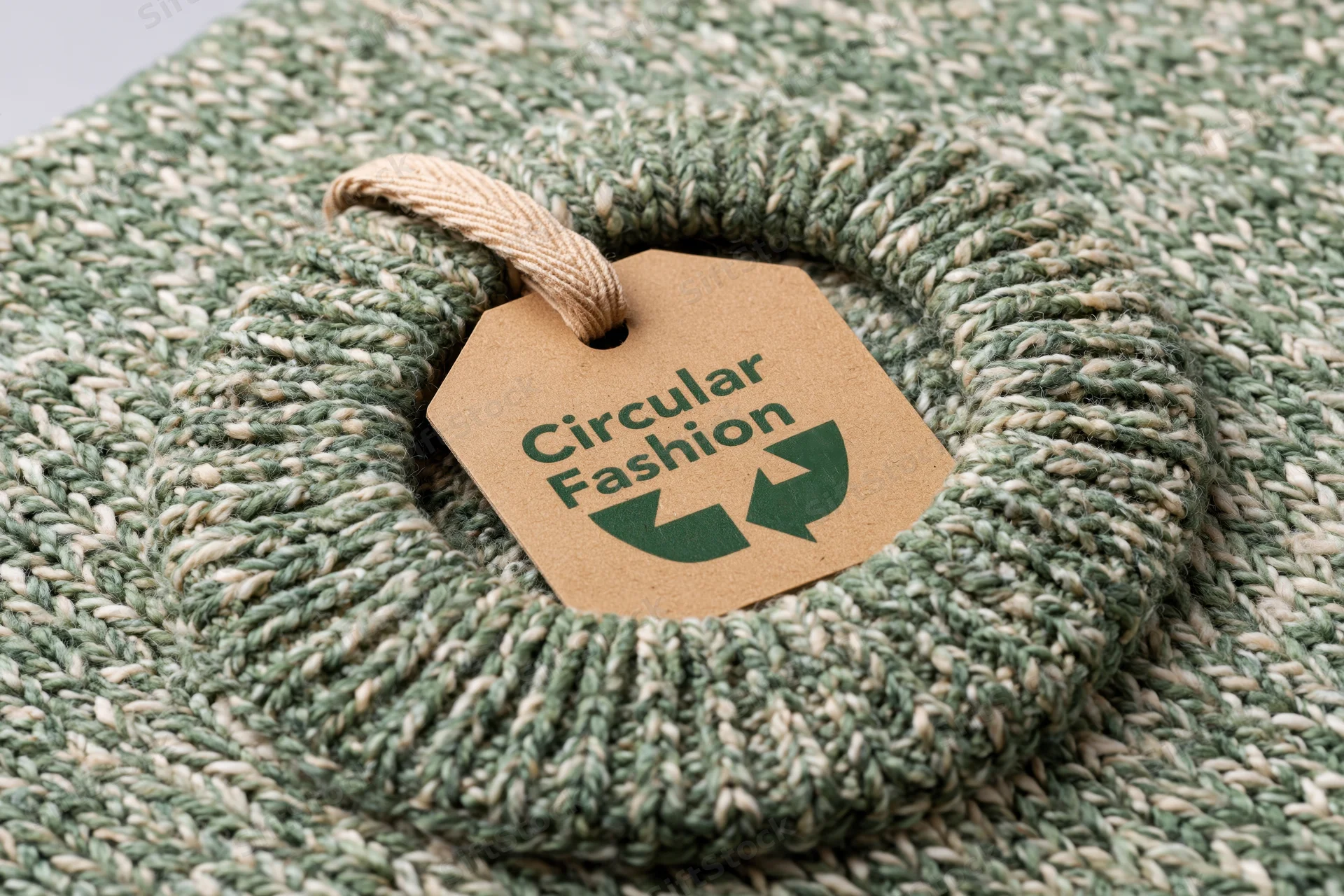 Closeup of a kraft paper tag reading circular fashion attached to a green knit sweater collar