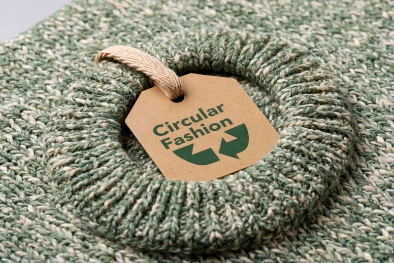 Closeup of a kraft paper tag reading circular fashion attached to a green knit sweater collar
