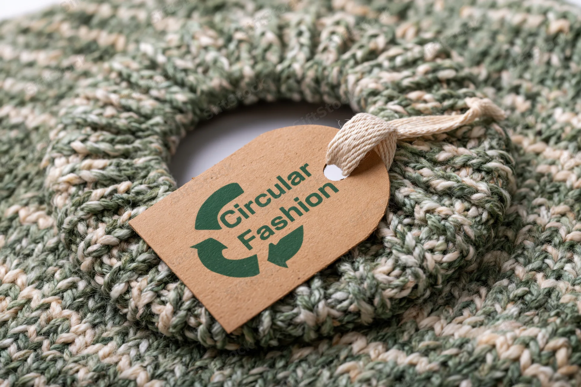Kraft paper tag with circular fashion text attached to a knitted garment