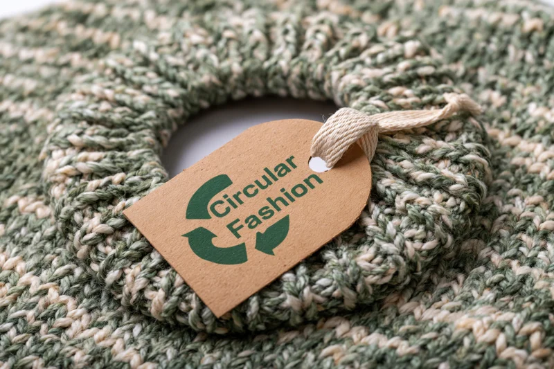 Kraft paper tag with circular fashion text attached to a knitted garment