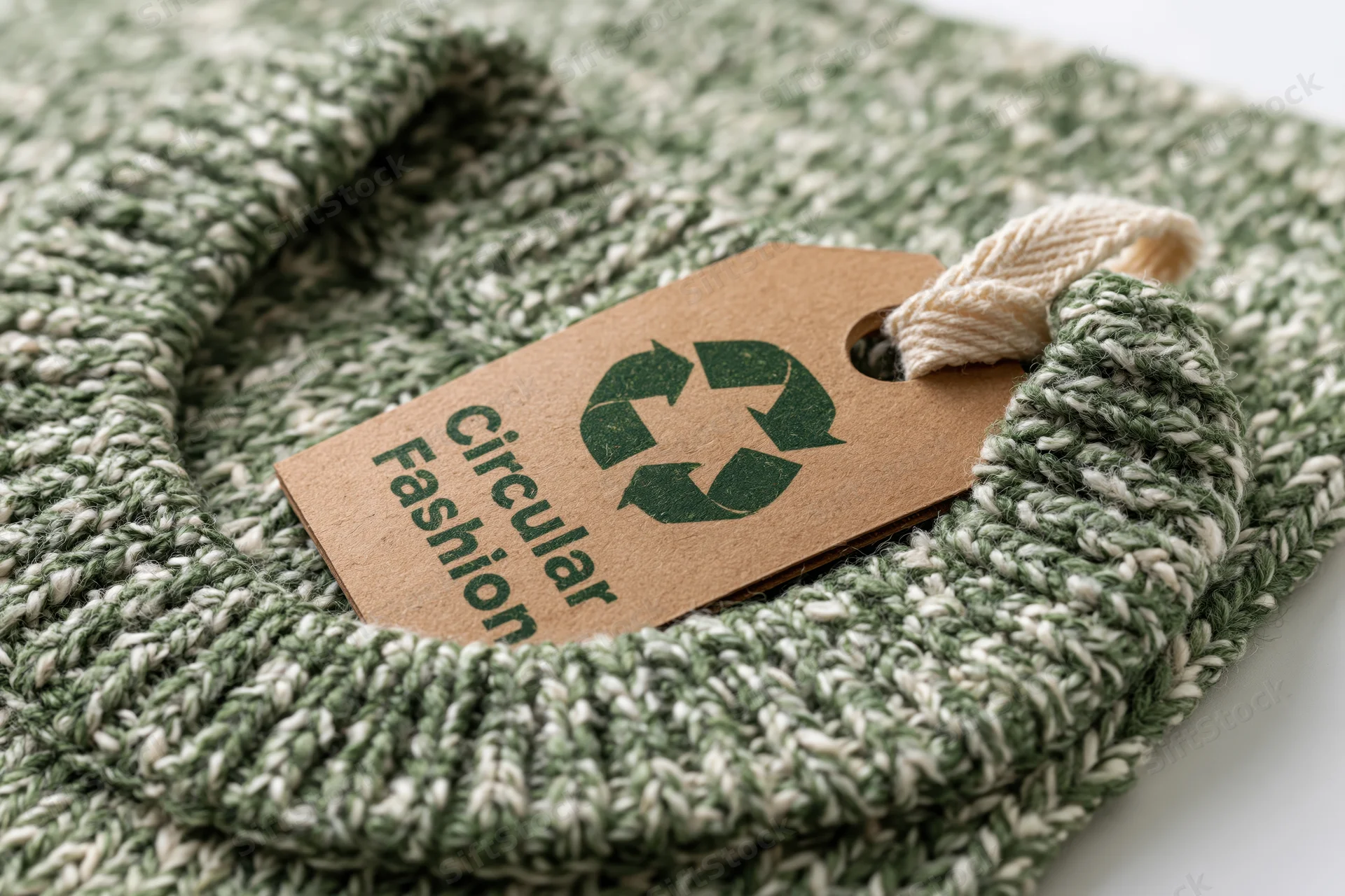 Kraft paper tag with circular fashion text and recycle symbol attached to a green and white knit sweater