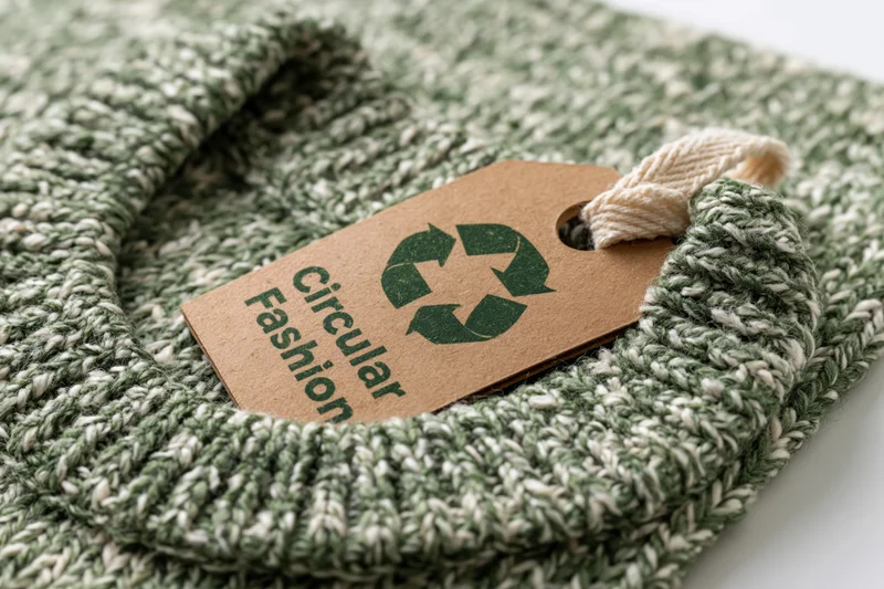 Kraft paper tag with circular fashion text and recycle symbol attached to a green and white knit sweater