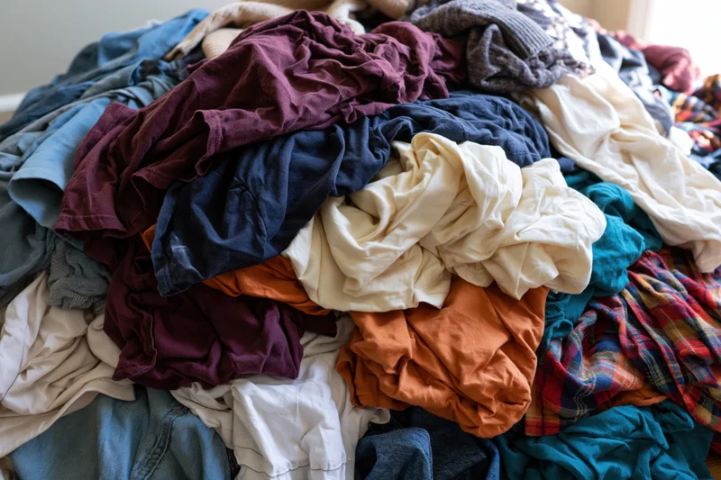 Messy pile of mixed clothing dumped on floor in home interior