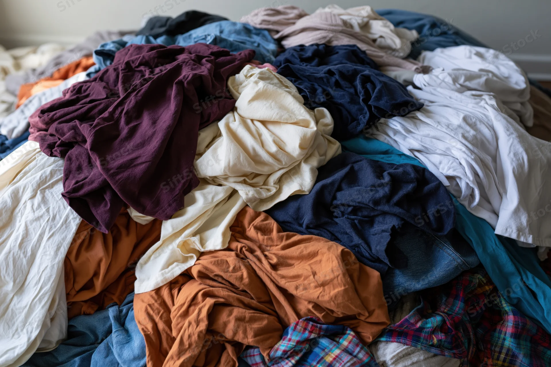 Messy pile of mixed clothing dumped on bedroom floor