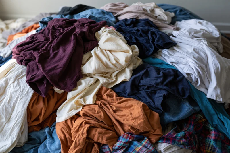 Messy pile of mixed clothing dumped on bedroom floor