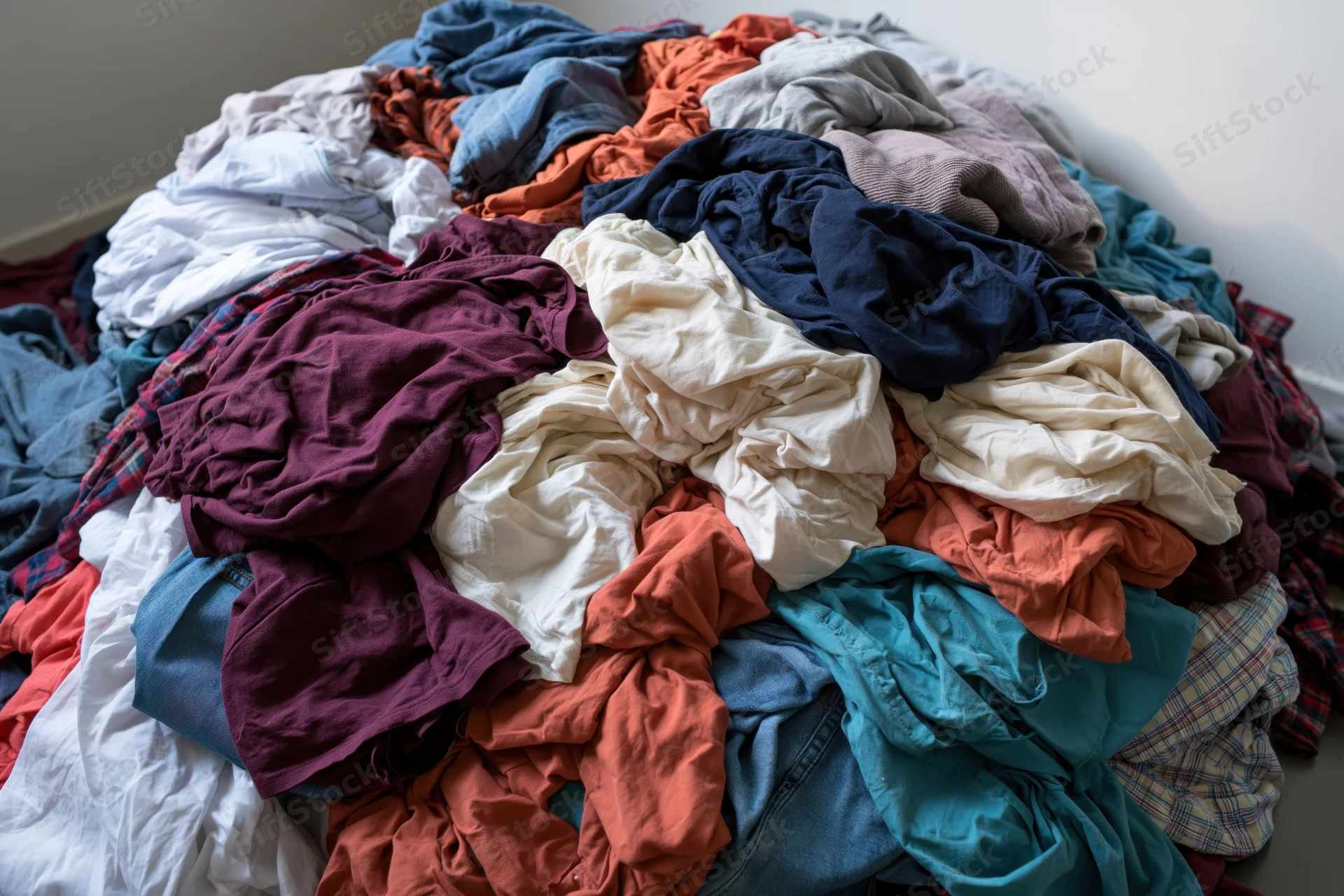 Large messy pile of mixed clothing dumped on floor