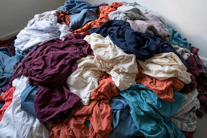 Large messy pile of mixed clothing dumped on floor