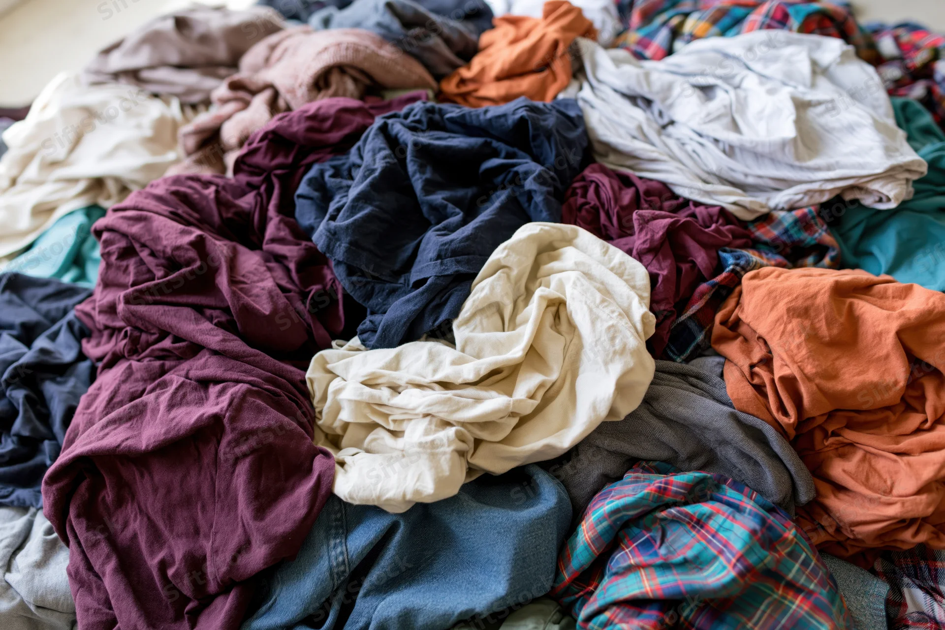 Messy pile of mixed clothing crumpled and heaped on floor