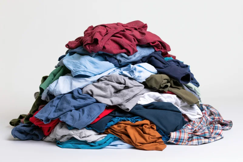 A large messy pile of mixed clothing heaped into a mound on a white surface