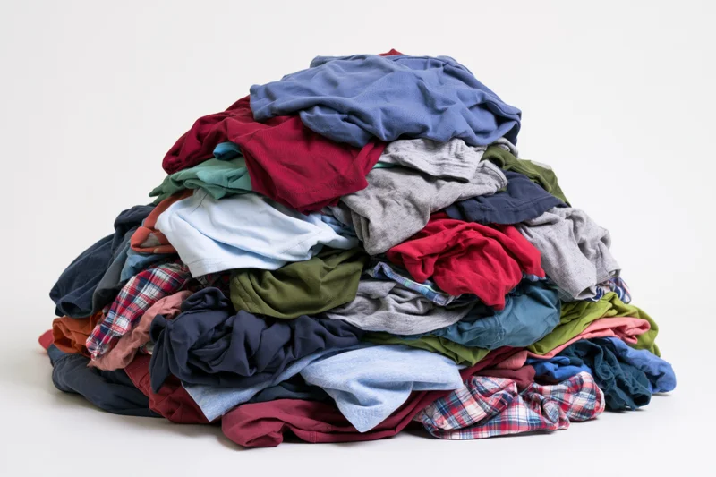A large messy pile of mixed clothing heaped into a mound on a white background