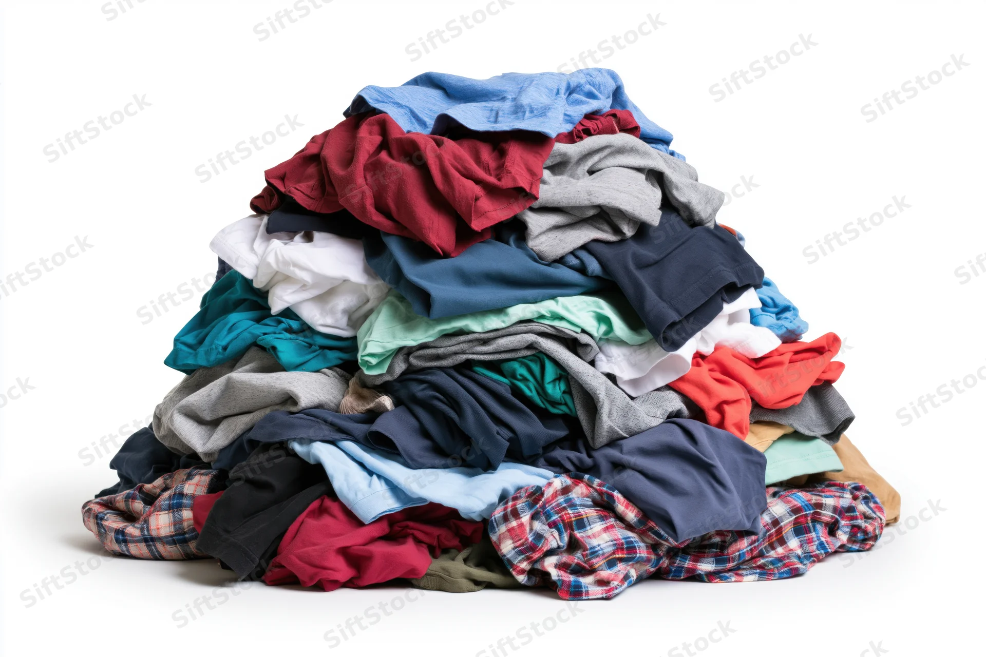 A large messy pile of mixed clothing heaped into a mound on a white background