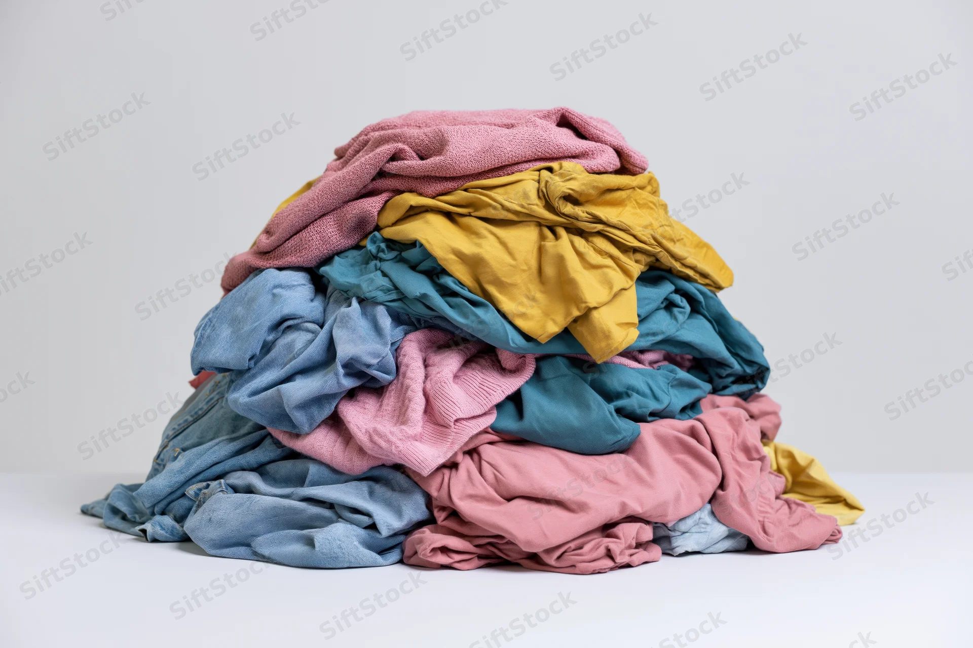 A messy pile of mixed clothing heaped on a white surface