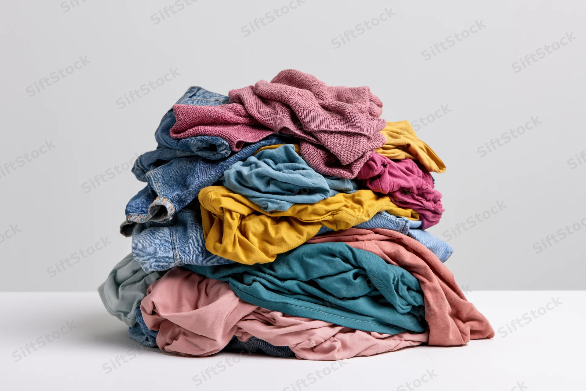 A messy pile of mixed clothing heaped on a flat surface