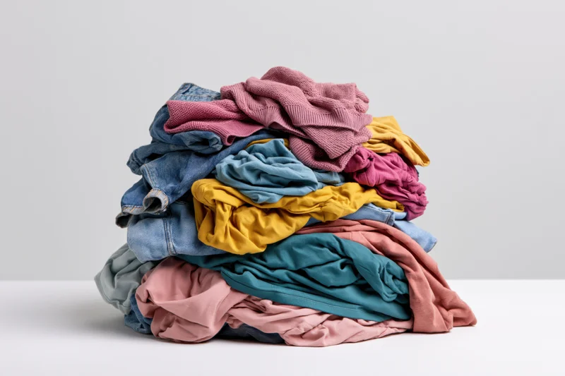 A messy pile of mixed clothing heaped on a flat surface