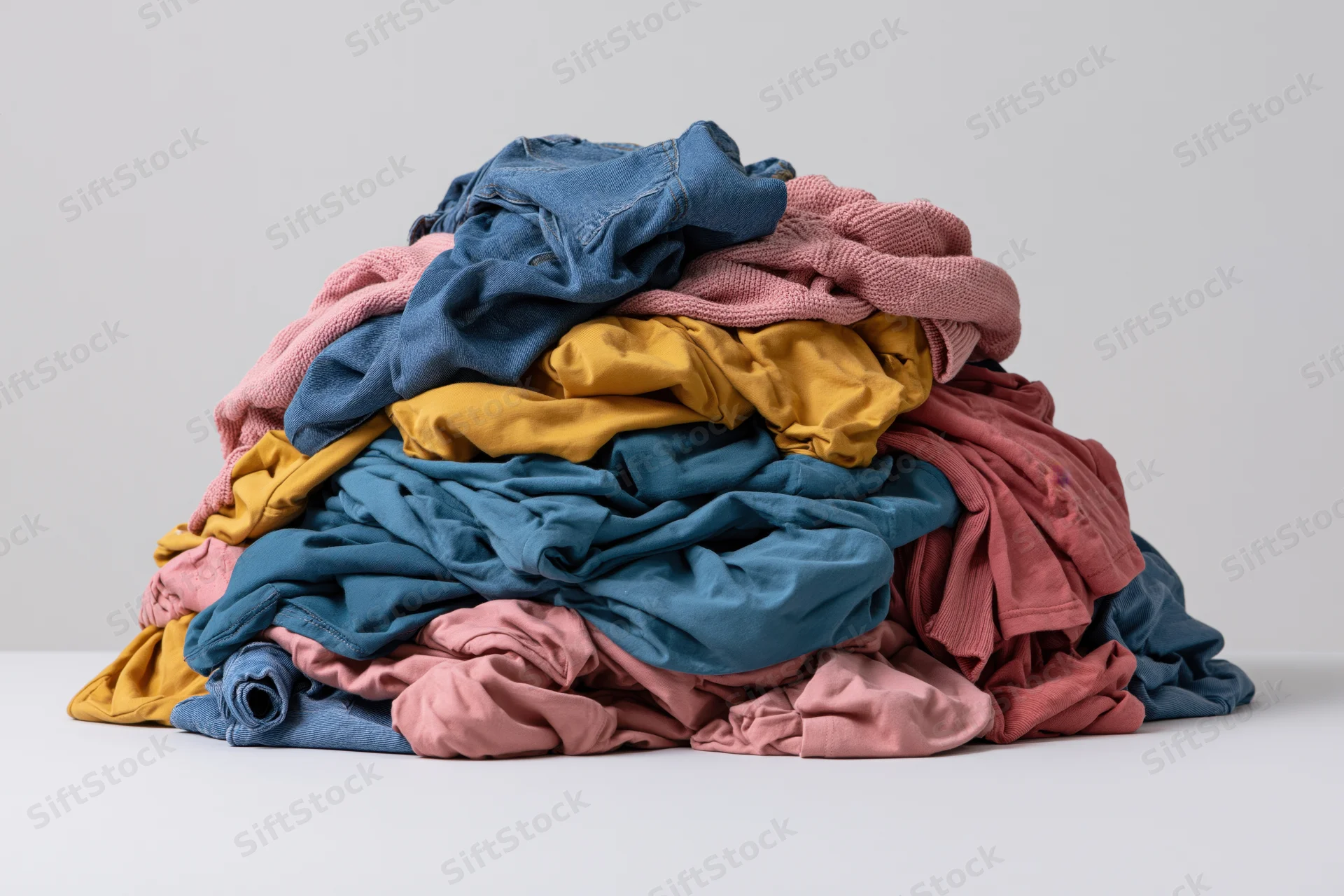 A messy pile of mixed clothing heaped on a flat white surface