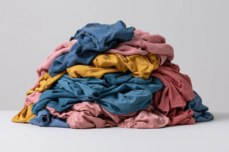 A messy pile of mixed clothing heaped on a flat white surface