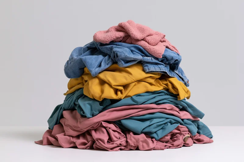 A large messy pile of mixed clothing heaped on a flat surface