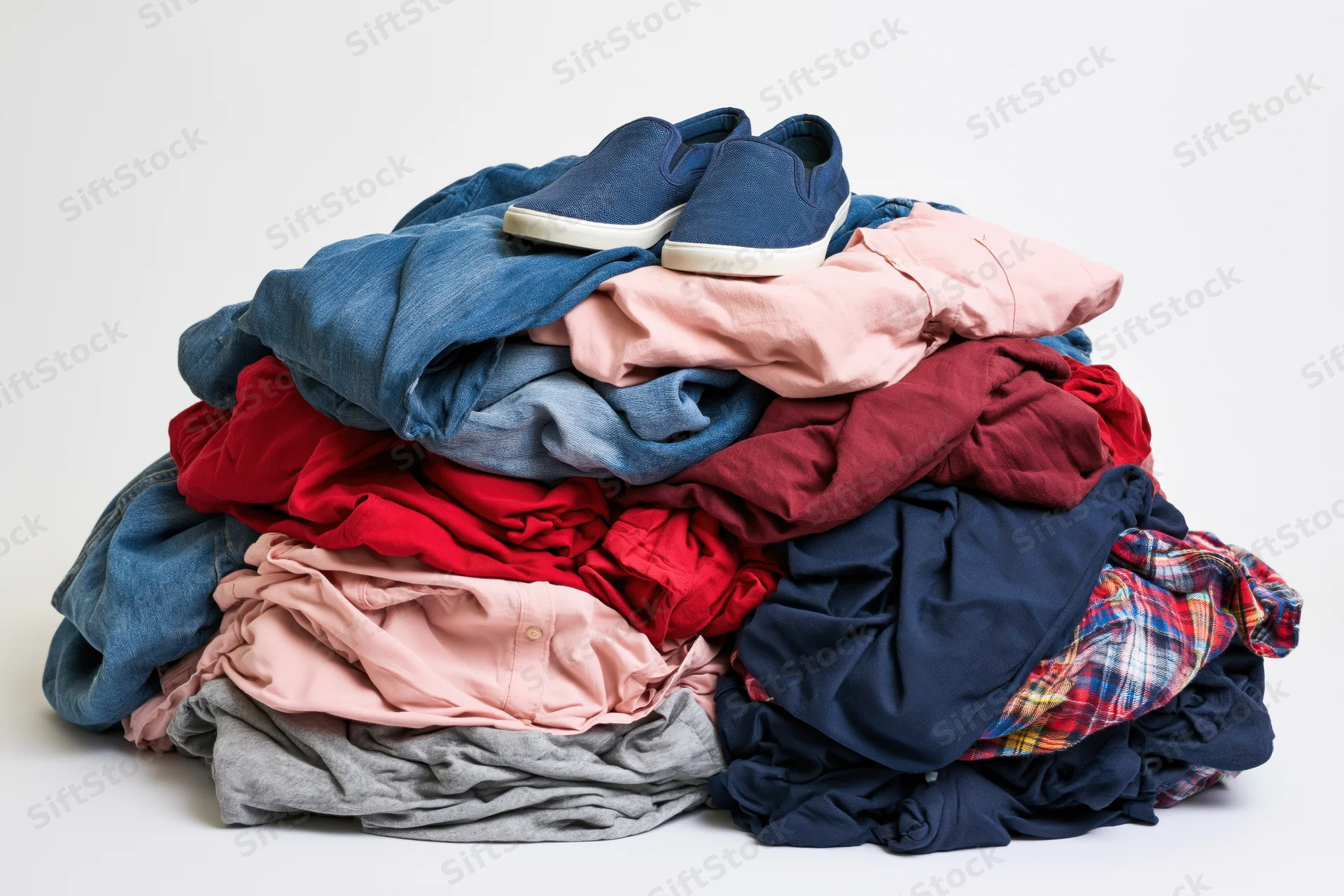 A messy pile of mixed casual clothing and sneakers heaped together on a white surface