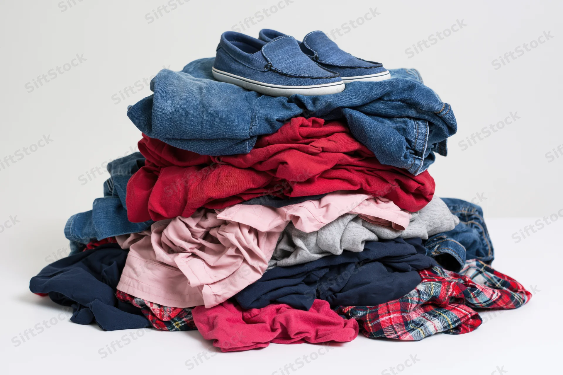 Messy pile of mixed casual clothing including jeans, tshirts, and flannel shirts heaped together on white surface