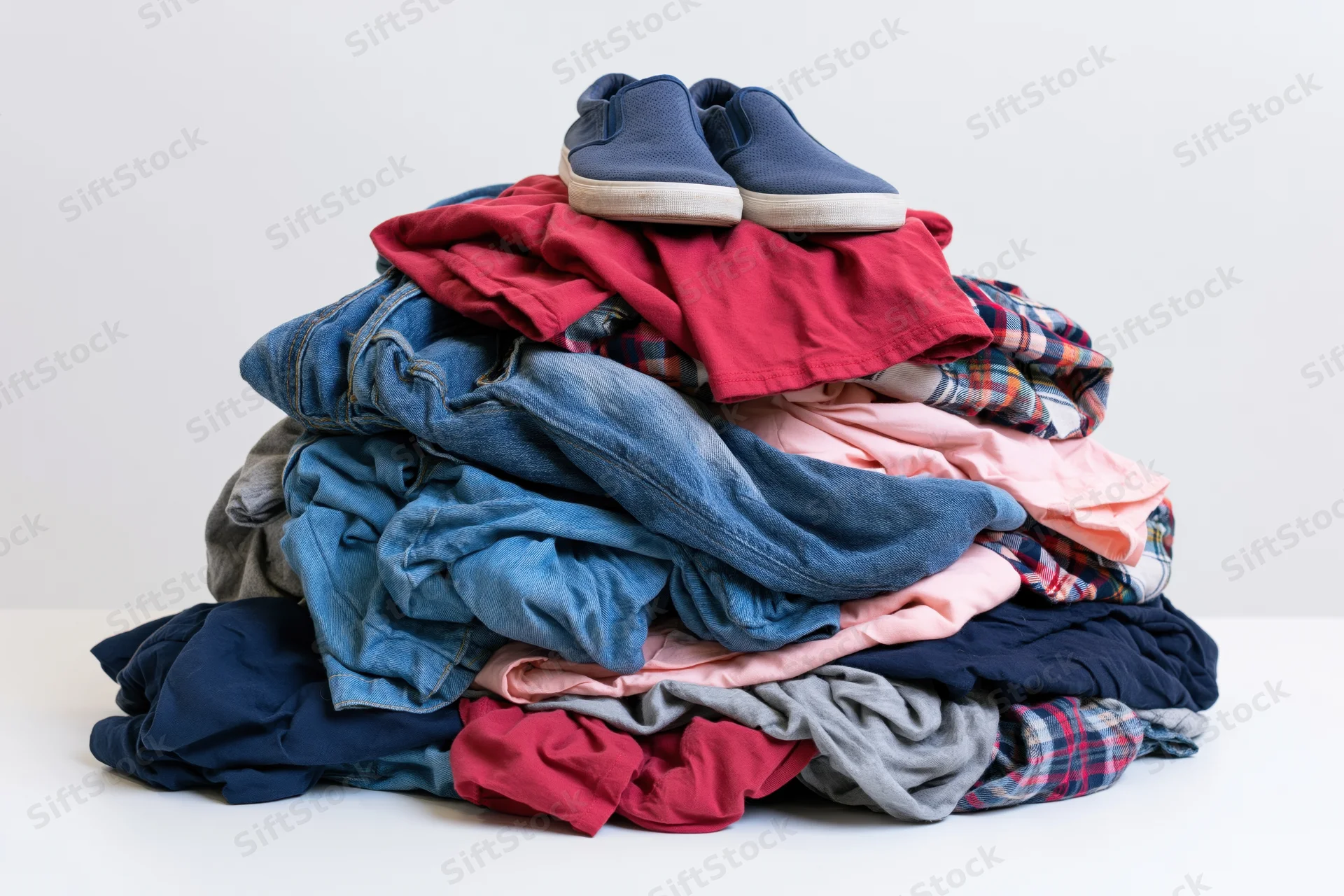 A messy pile of mixed casual clothing and sneakers heaped on a white surface