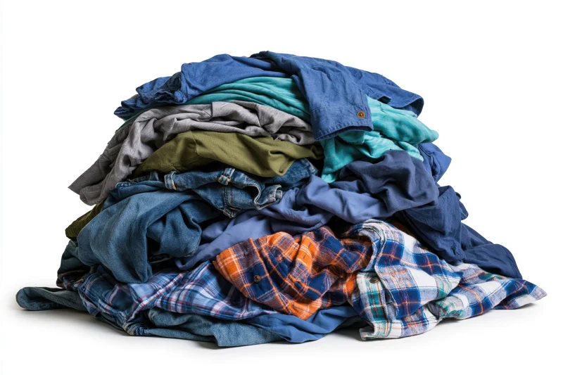 Messy pile of mixed casual clothing heaped together on white background