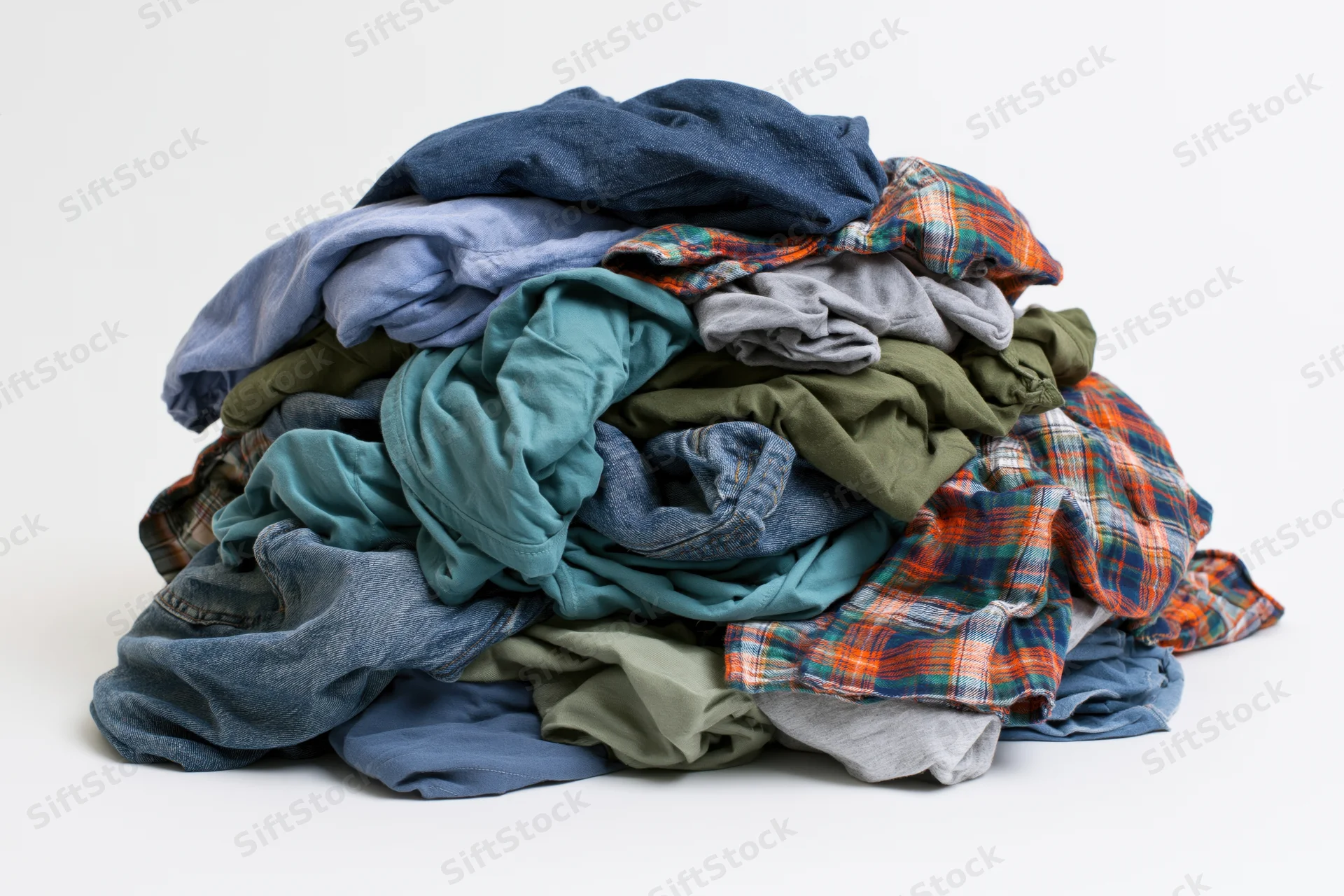 Messy pile of mixed casual clothing heaped together on white background