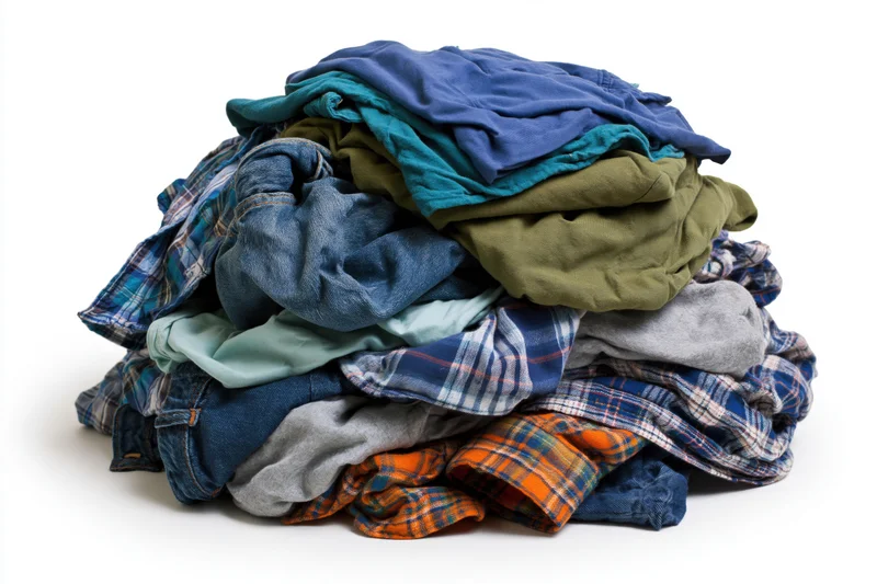 Messy pile of mixed casual clothing heaped together on white background