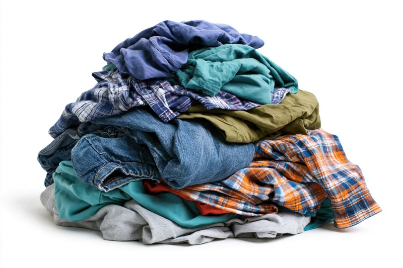 A messy pile of mixed clothing heaped together on a white background