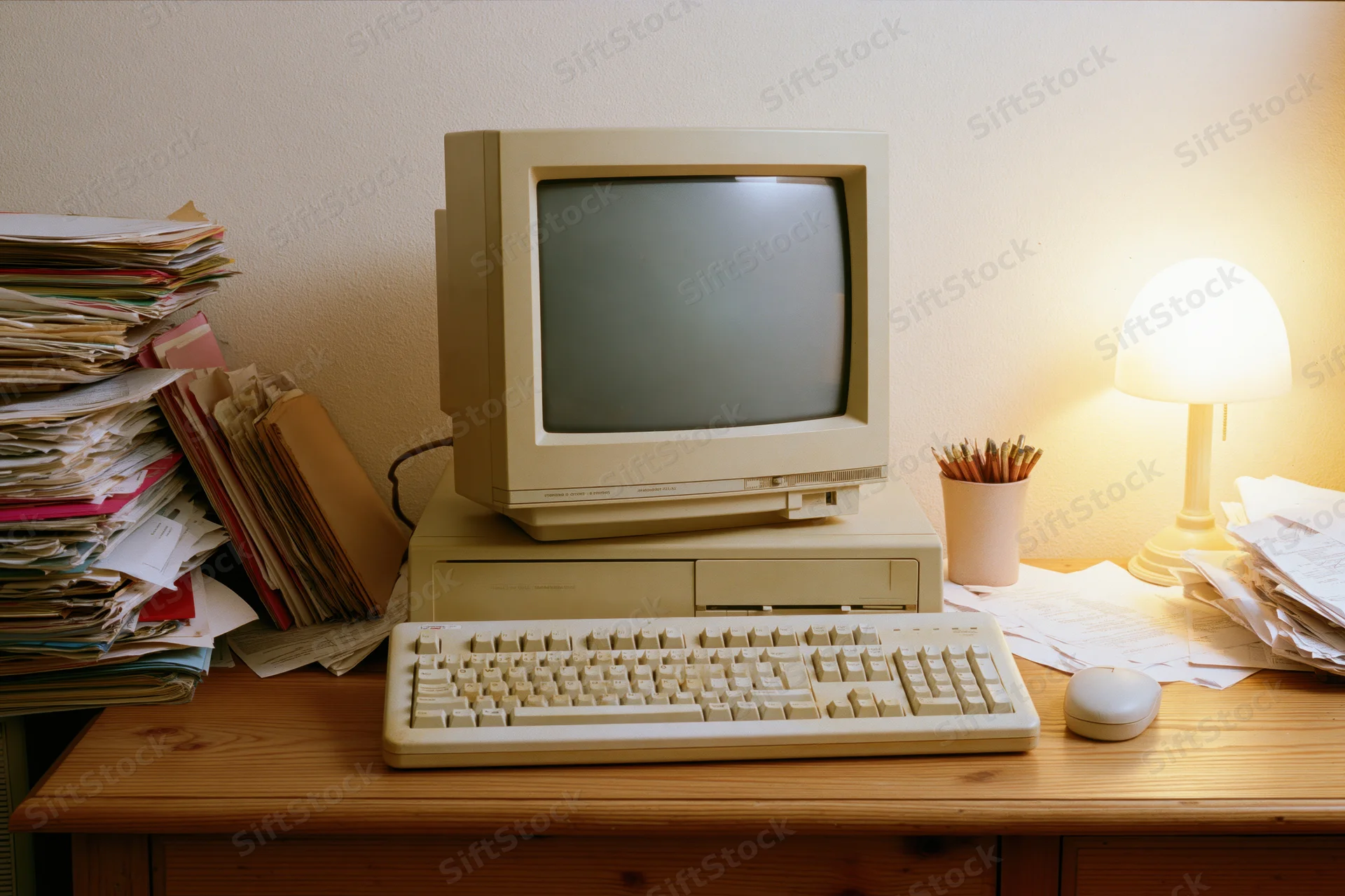 Beige desktop computer with crt monitor and keyboard on wooden desk surrounded by stacks of paper and a lamp