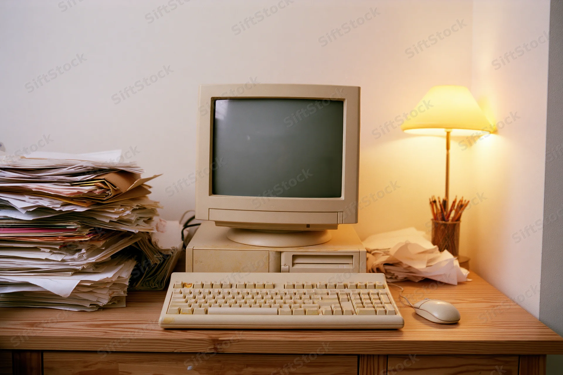 Vintage beige desktop computer with crt monitor and keyboard on wooden desk surrounded by stacks of paperwork and a lamp