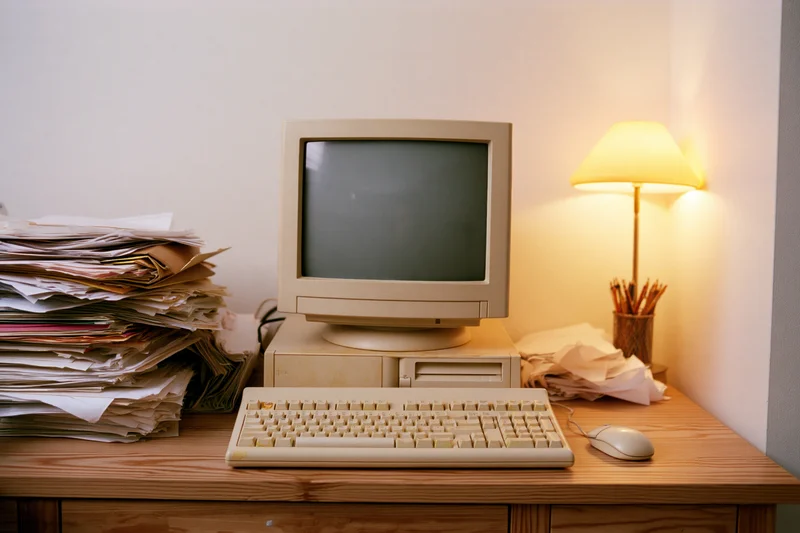 Vintage beige desktop computer with crt monitor and keyboard on wooden desk surrounded by stacks of paperwork and a lamp