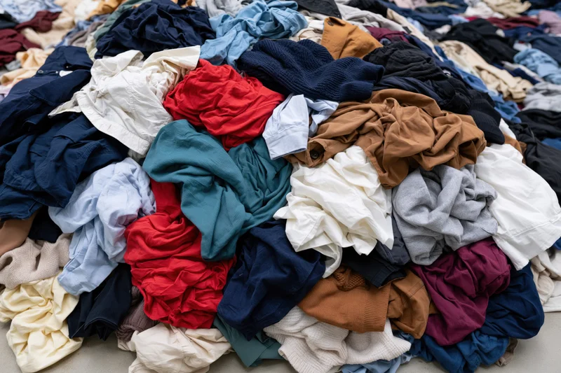 A chaotic heap of mixed used clothing piled on the floor