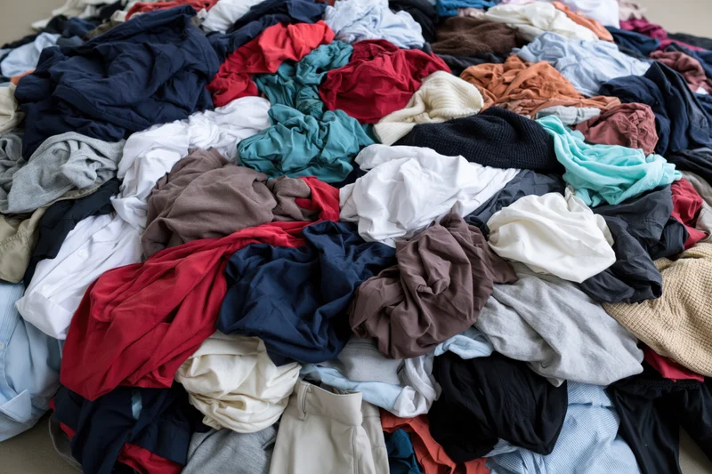 A chaotic heap of mixed clothing piled on the floor