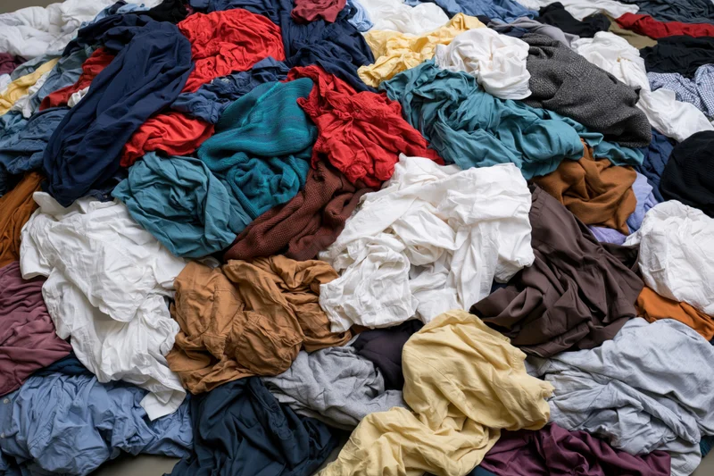 Chaotic pile of mixed used clothing heaped on floor