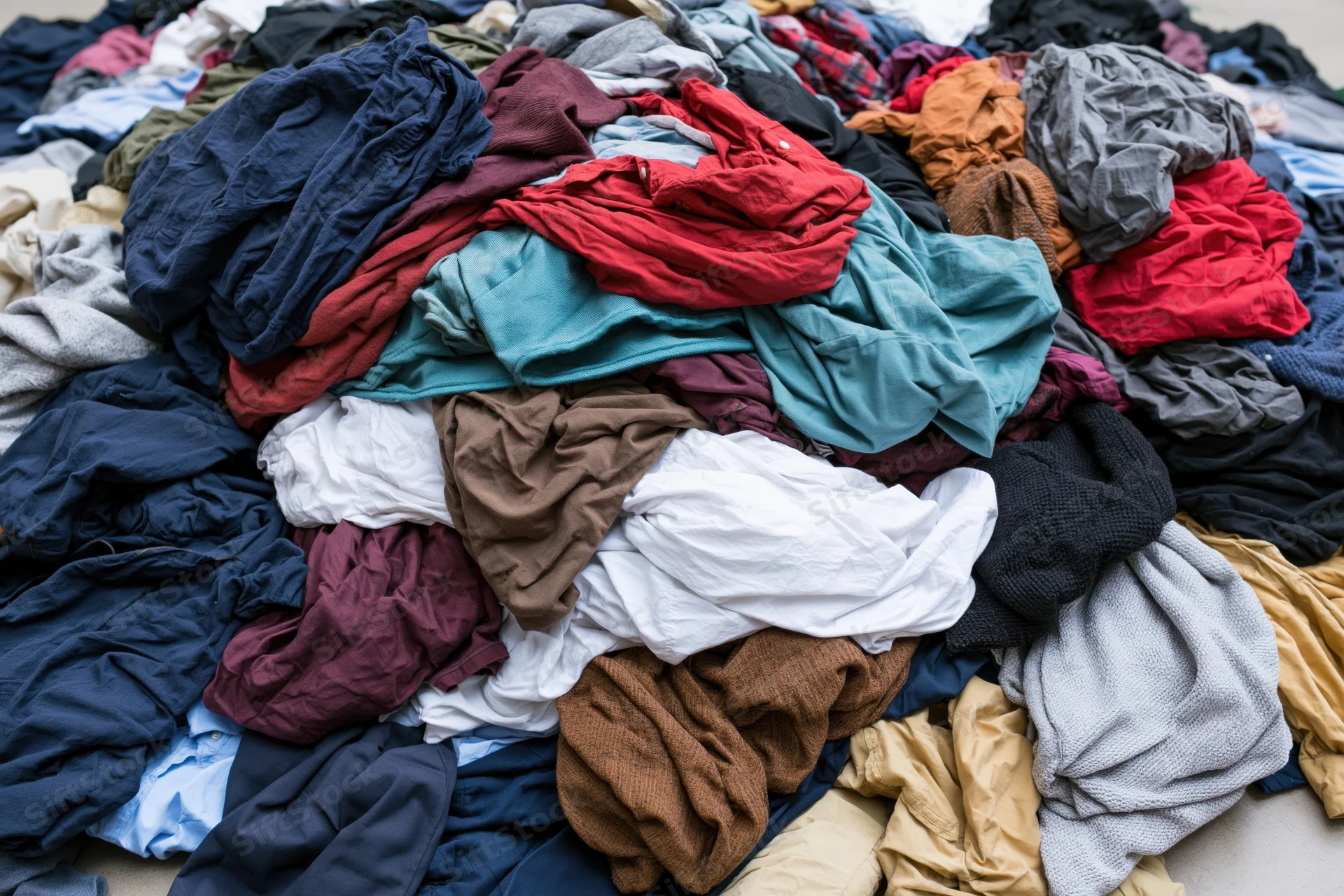 A chaotic heap of mixed discarded clothing piled on the floor