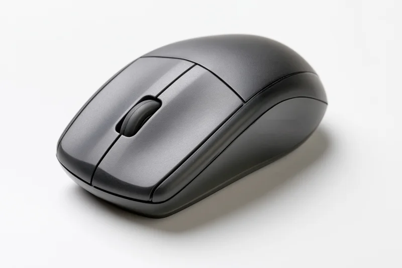 Matte black wireless computer mouse on plain white surface