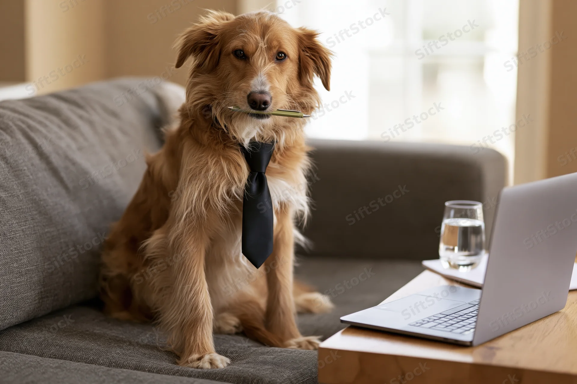 Golden-brown mixed breed dog wearing black tie and holding pen in mouth while sitting on couch beside laptop and glass of water on wooden desk in home office setting