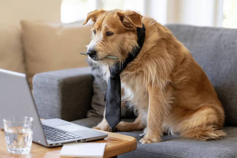 Dog wearing tie and holding pen in mouth sits on couch beside laptop at home office desk