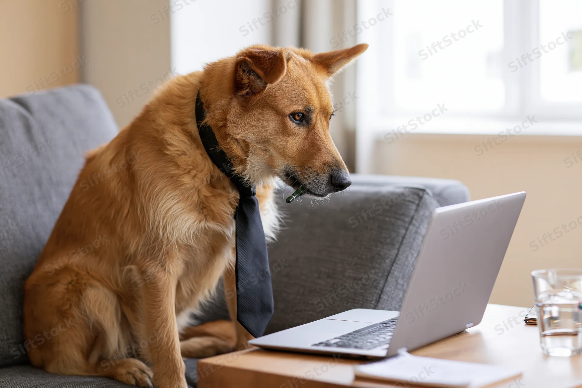Golden-brown mixed breed dog wearing tie and holding pen while sitting on couch beside laptop on desk in home office setting